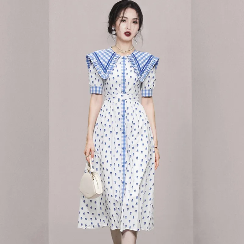 

Женское винтажное офисное платье-рубашка, Элегантное однобортное офисное платье миди с синим цветочным принтом, лето 2022