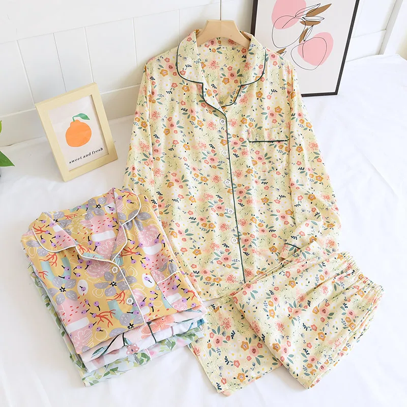 Women Pajamas Set 100% Viscose Flower Print Elegant Pyjamas For Lady Button Closure Sleepwear Homewear Rayon Cotton pjs