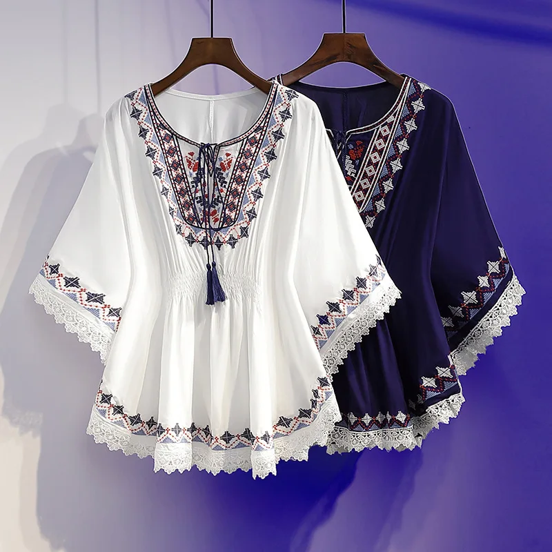 

Oversized Chiffon Blouse Women 2023 New Designs Chic Elegant Clothes Half Sleeve Round Neck Tops For Lady Casual Shirts S-5XL