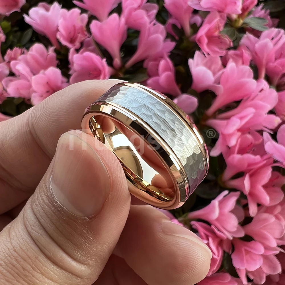 

iTungsten 8mm Rose Gold Hammered Tungsten Ring Men Women Wedding Band Trendy Jewelry Two Tone Beveled Edges Comfort Fit