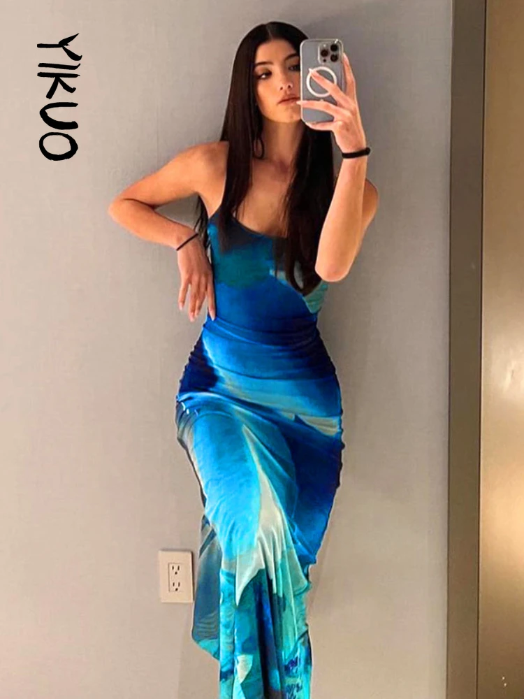 

YIKUO Aesthetic Print Maxi Dress Women Elegant Spaghetti Strap Back Slit Gradient Body-Shaping Robe High Street Female Clothing