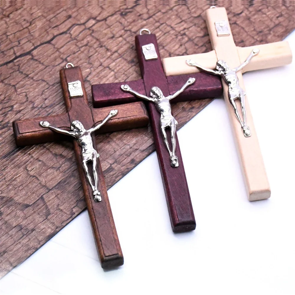 

Soild Wooden Cross decor Crafts Zinc Alloy Jesus Catholic Cross Church Ornaments Wall Mounted Wooden Crosses Necklace Pendant