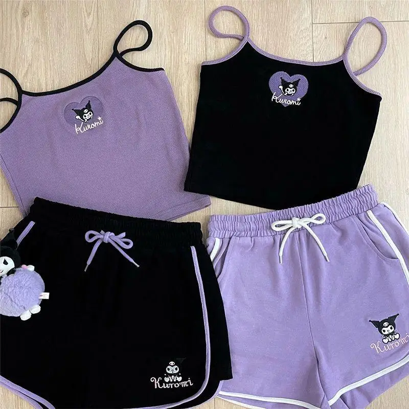 

Kawaii Fashion Sanriode Kuromi My Melody Suspenders Shorts Cartoon Cute Girls Slim Bottoming Shirt Stitching Embroidered Shorts