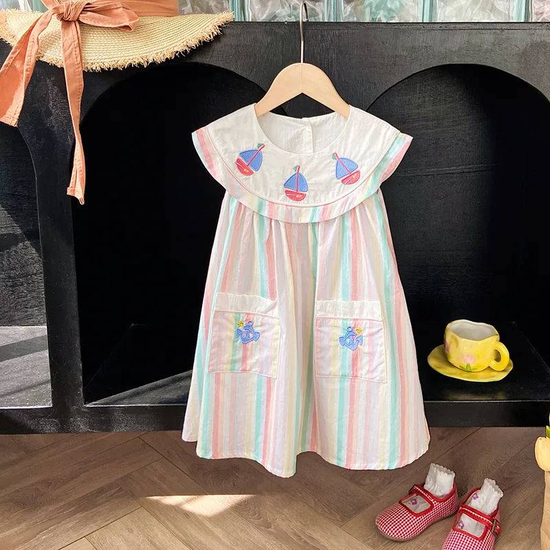 

South Korea Children's Wear Colorful Striped Sailing Embroidered Girl's dress 2023 Summer Navy Style Sleepless Dress