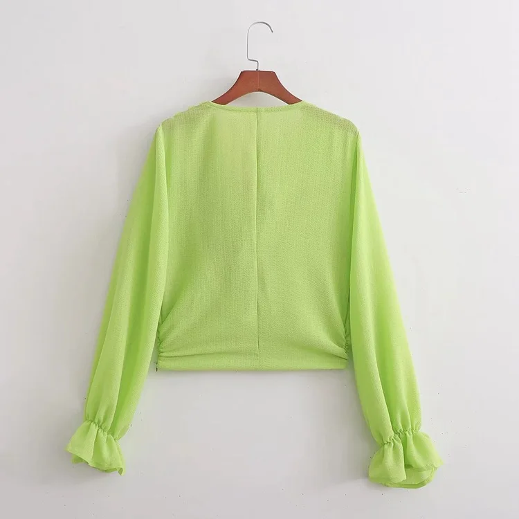 

2022 ZA summer women's new long sleeve solid color texture drop collar shirt