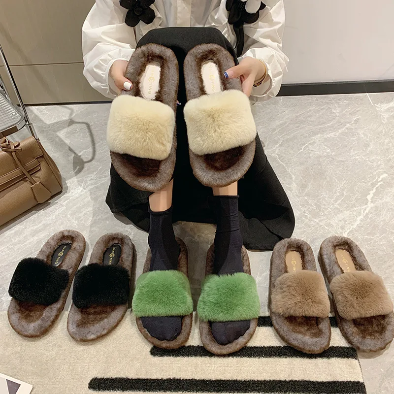 

2022 Winter Fashion Soft Warm Comfort Flat Fur Slipper Brand Designer Slip On Loafers Mules Flip Flops Casual Indoor