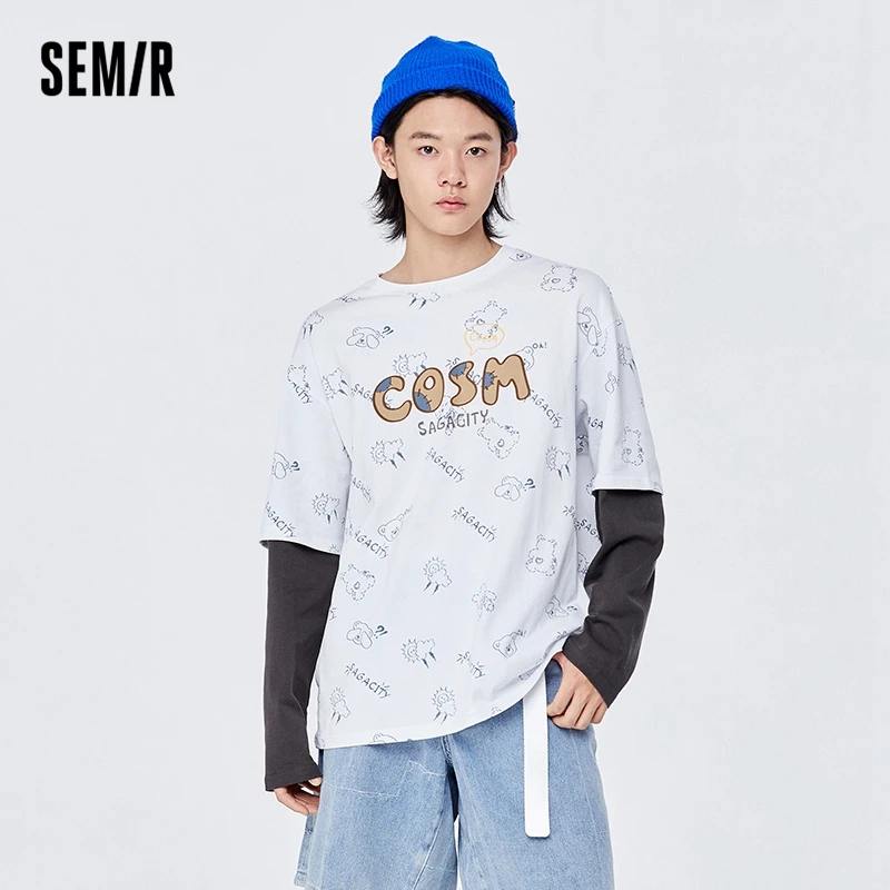 

Semir Long Sleeve T-Shirt Men Cotton 2022 Autumn New Fake Two-Piece Cartoon Letter Printing Round Neck T Shirt