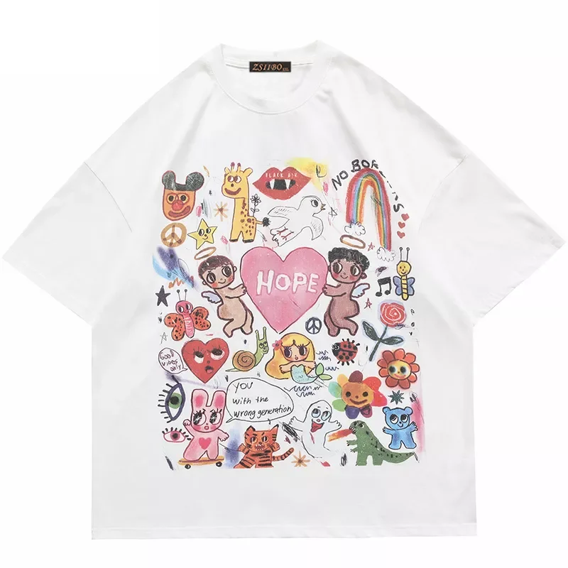 

2022 Men's clothing Oversized t-shirt Hip Hop Anime Ainting Letter Heart Rainbow Angels Print Y2k Harajuku Cotton Half Sleev