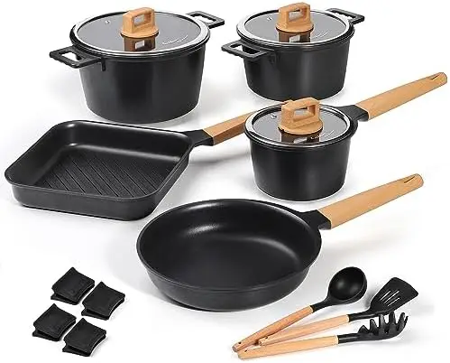

Cookware Set Non Toxic 100% PFOA Free Compatible Induction Pots and Pans Sets with Glass Lids (Pack-Sp-12, Slate Grey)