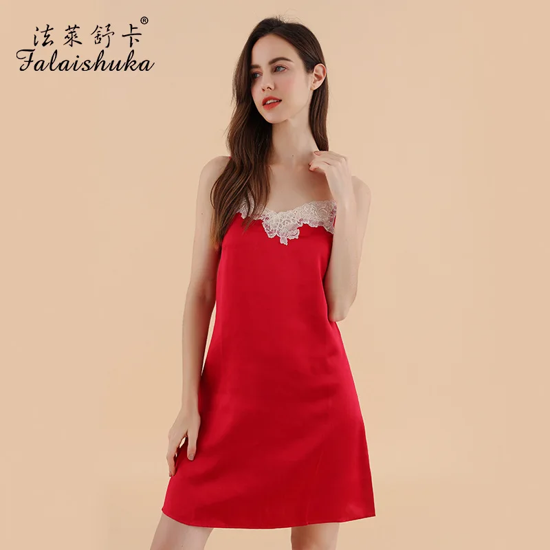 

19 momme 100% pure silk sexy red nightgowns women spaghetti strap sleeveless V-neck lace night dress for women D3675