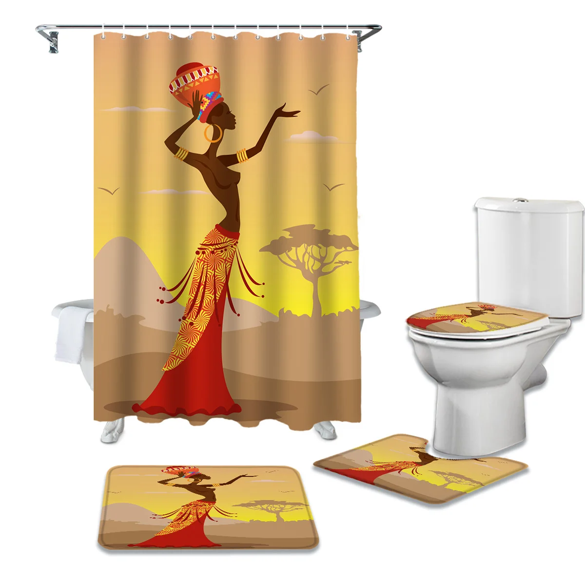 

Африканская женщина национальная культура Этническая душевая занавеска набор Ковер Крышка для унитаза коврик для ванной домашний