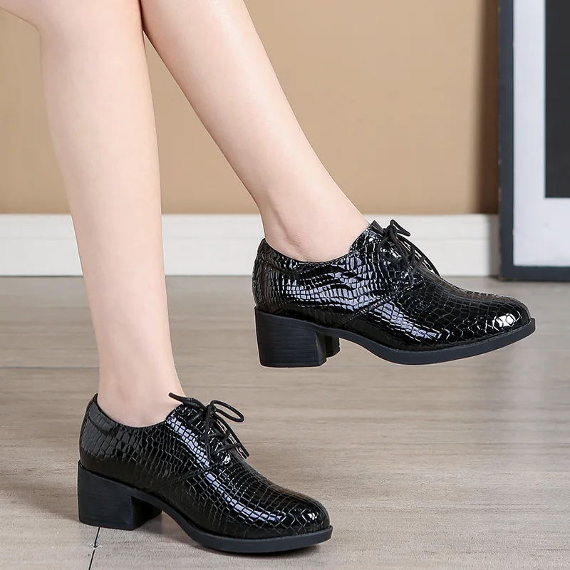 Patent Leather British Leather Shoes Women's Soft Leather Deep Mouth Single Heel Spring and Winter Lacing Shoes
