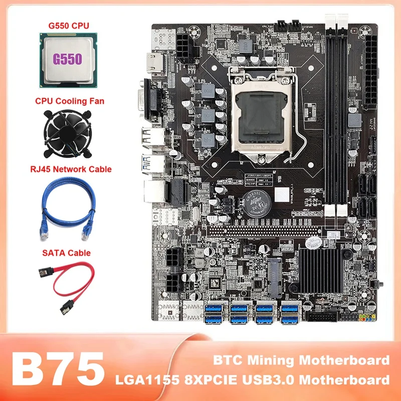 

Материнская плата для майнинга B75 LGA1155 8xpcie USB3.0 материнская плата для майнинга с процессором G550 + кабель SATA + сетевой кабель RJ45 + вентилятор охлаждения
