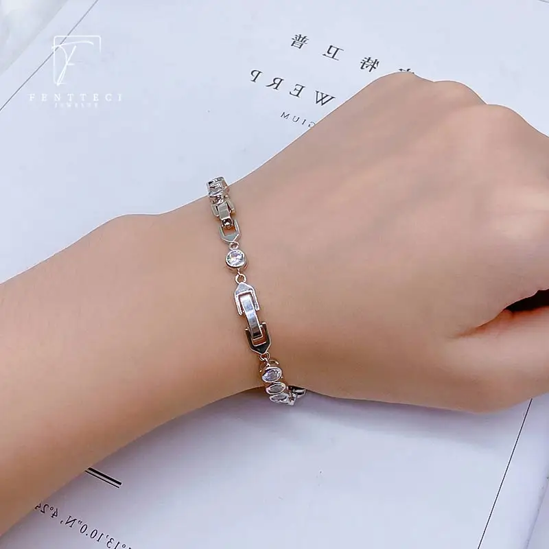 FENTTECI Newest Sterling Silver Tennis Bracelet 0.3ct Round Diamond Bracelet 4 Prongs Single Row Simulation Drill Roman Chain