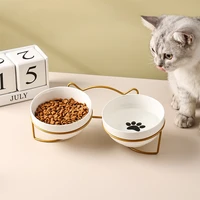 pet cat double bowl with stand and cushion protection cervical spine pet ceramic food metal overhead water feeder