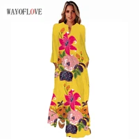 wayoflove spring autumn yellow elegant long dress casual holiday beach party vestidos flowers print long sleeved vintage dresses
