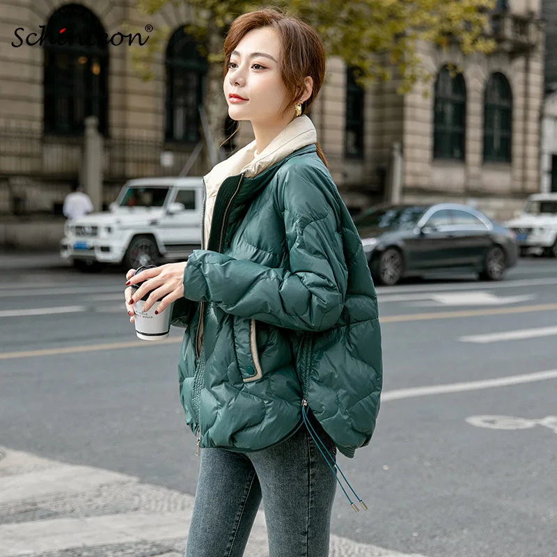 

Schinteon Women Ultra Light Down Jacket Stand Collar Drawstring 2022 Autumn Winter Warm Outwear Loose Casual Coat Korean Style