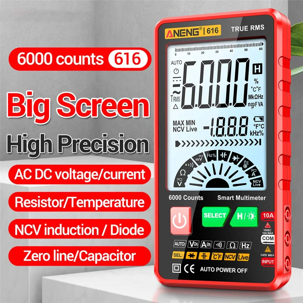 

616 Large Screen Backlight Digital Multimeter 6000 Counts Ultra thin Intelligent AC DC Voltage Current Multímetro Test Tool
