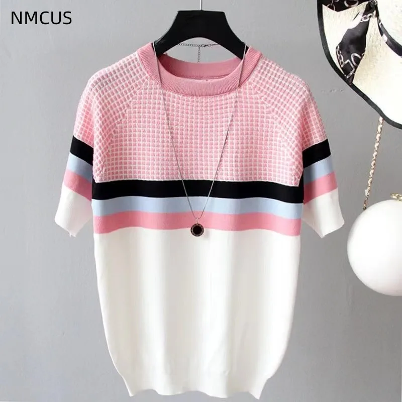 

Женская свободная футболка NMCUS, Элегантная трикотажная футболка с круглым вырезом и коротким рукавом, модель NM2338 на весну и лето, 2023