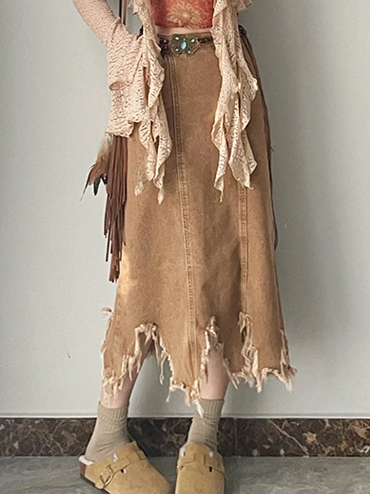 

Женская джинсовая юбка асимметричного покроя, коричневая винтажная юбка составного кроя с высокой талией и бахромой, до середины икры в богемном стиле, Y297, лето 2023