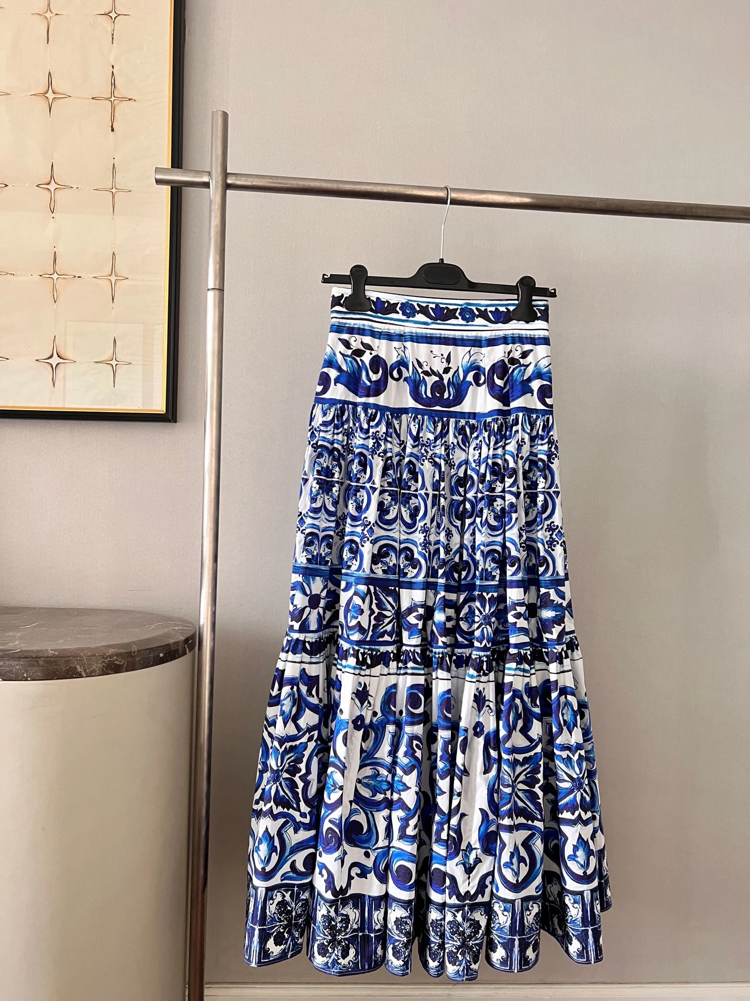

Blue and White Porcelain Printing Series 2022 Summer New High Waist Top Quality Cotton All-match Women Long Skirts