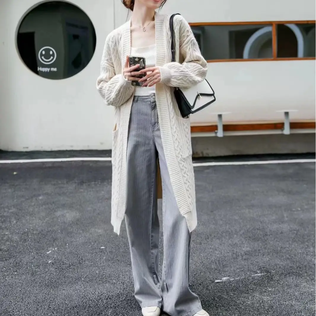 

Lazy style cardigan women's autumn and winter new commuter mid long Fried Dough Twists sweater coat women fashion