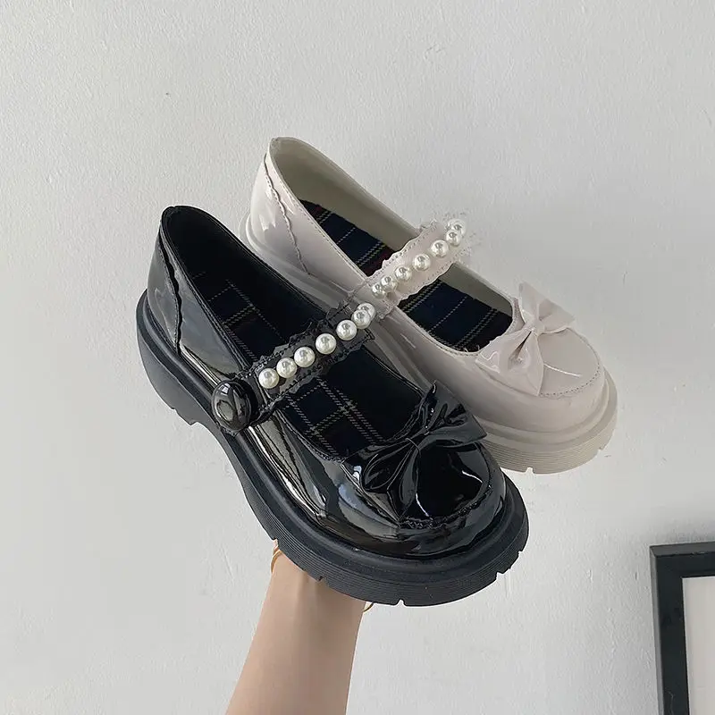

Classic French Style Mary Janes Women Pearl Decoration PU Zapatillas Mujer Fashion Solid Vintage Patchwork Bow Lolita Shoes
