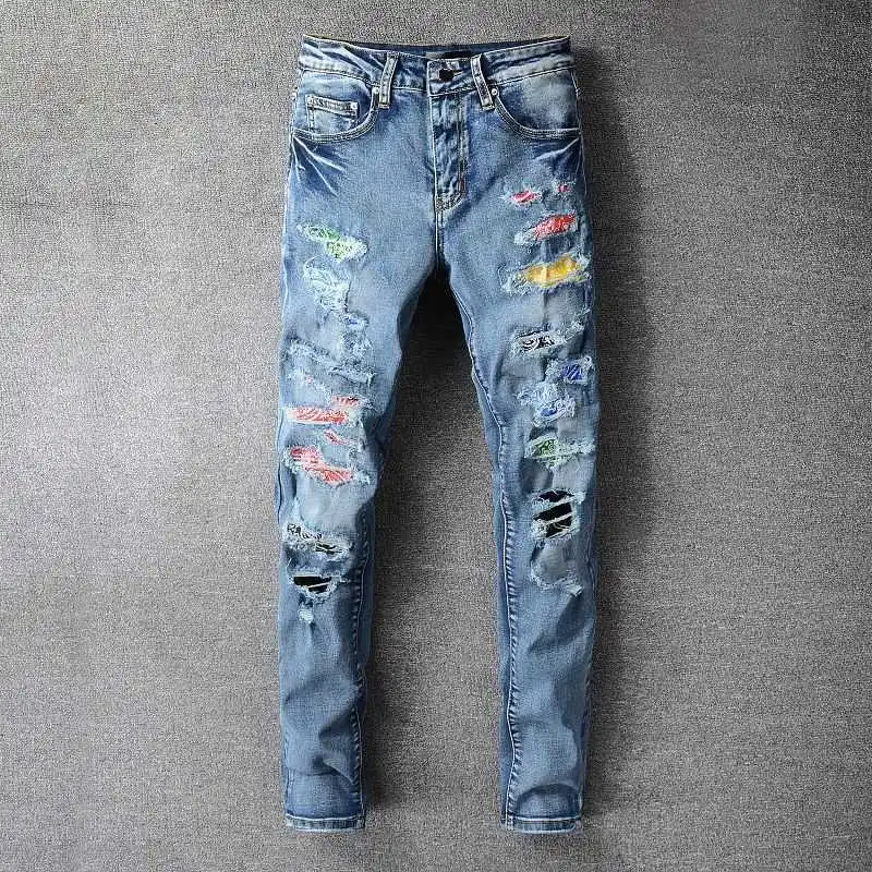 

High Quality Ripped Hole Blue Jeans Men 2022 Hip Hop Desginer Color Patchwork Brand Jeans Pants Big Size Streetwear Trousers