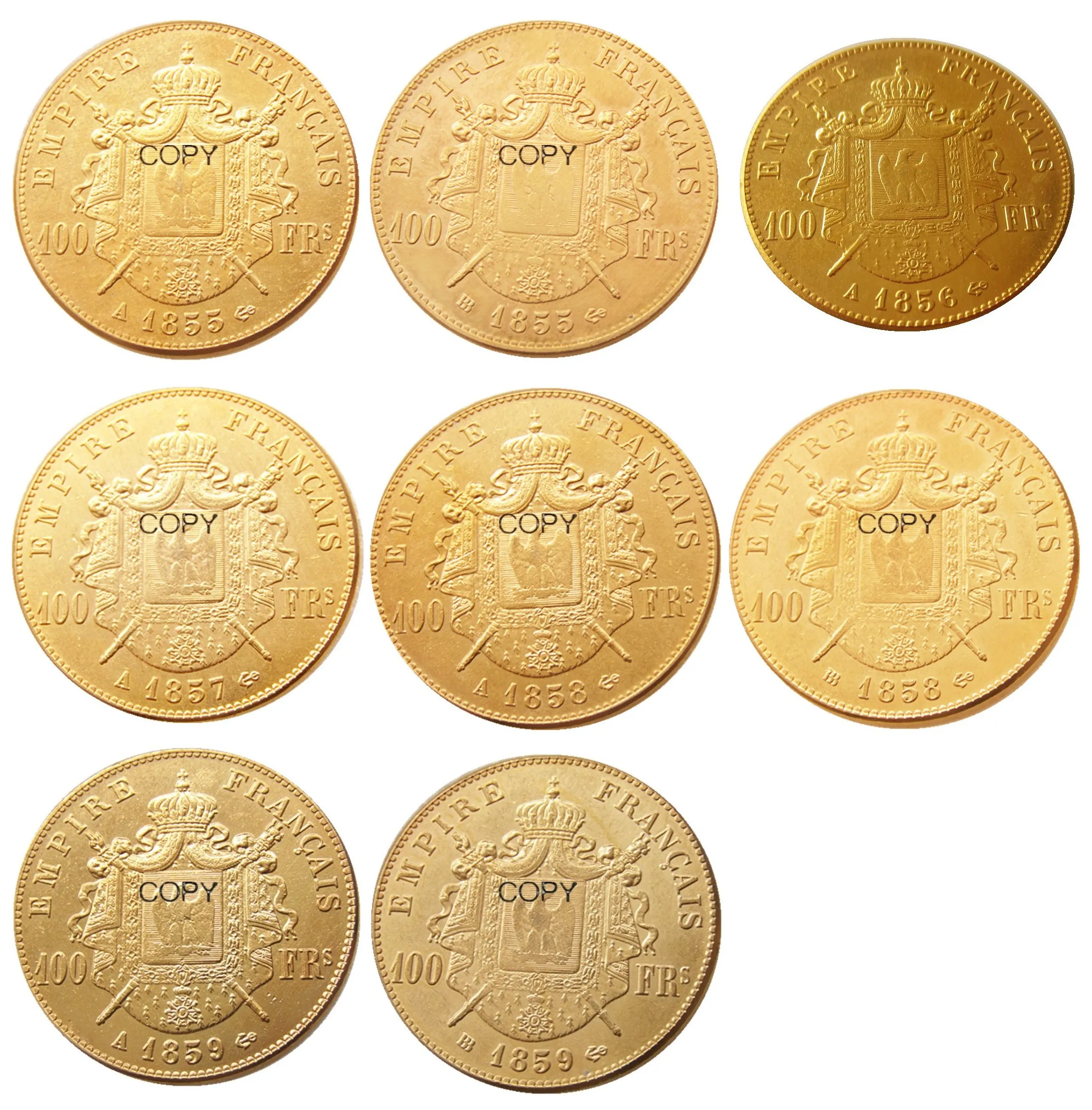 

Франция, 1855 - 1859 A B, 8 шт., позолоченные копии и монеты Наполеона III в 100 франков
