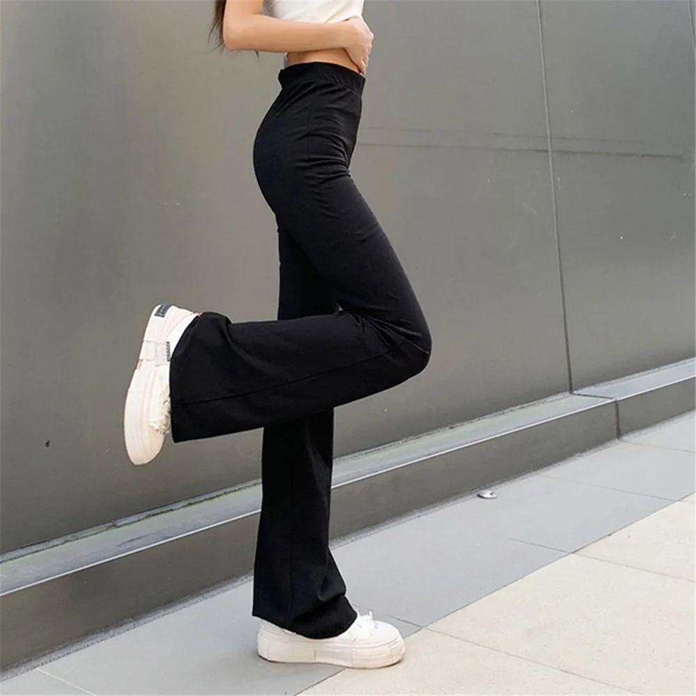 

All-Match Women Fashion Elastic Waist Black Flared Pants Solid Color High Waist Wide Leg Trousers Casual Hipster Streetwear