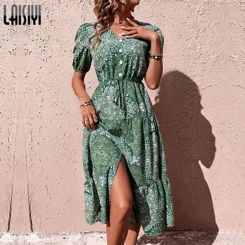 

Платье-миди женское с пышными рукавами, разрезом и принтом