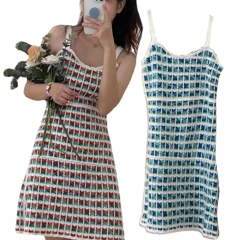 

Женское трикотажное платье-трапеция без рукавов, разноцветное пляжное платье в полоску, с высокой талией и расклешенным подолом, в стиле бо...