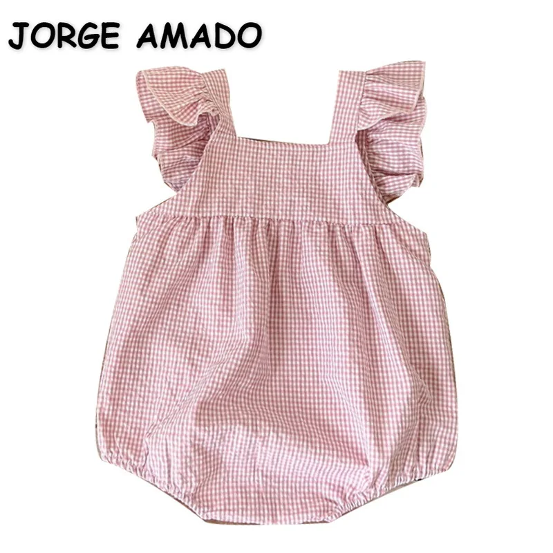 

New Summer Baby Clothes for Baby Girl Short Flare Sleeves Bodysuit Pink Plaid Solid Color Jumpsuit Infant Birthday Clothing E261