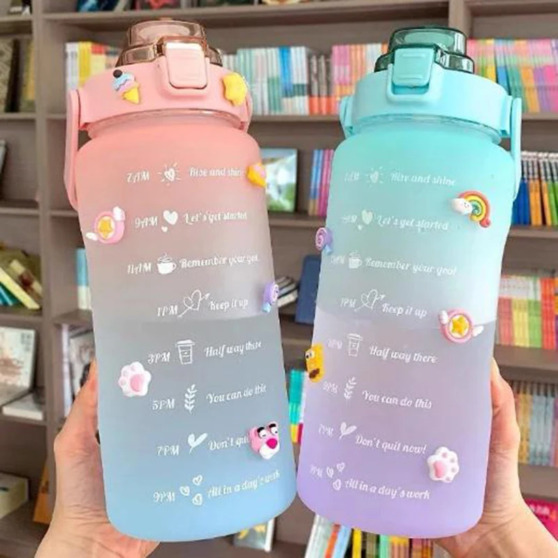 

2L Large Water Bottle with Bounce Cover Time Scale Reminder Frosted Cup For Outdoor Sports And Fitness
