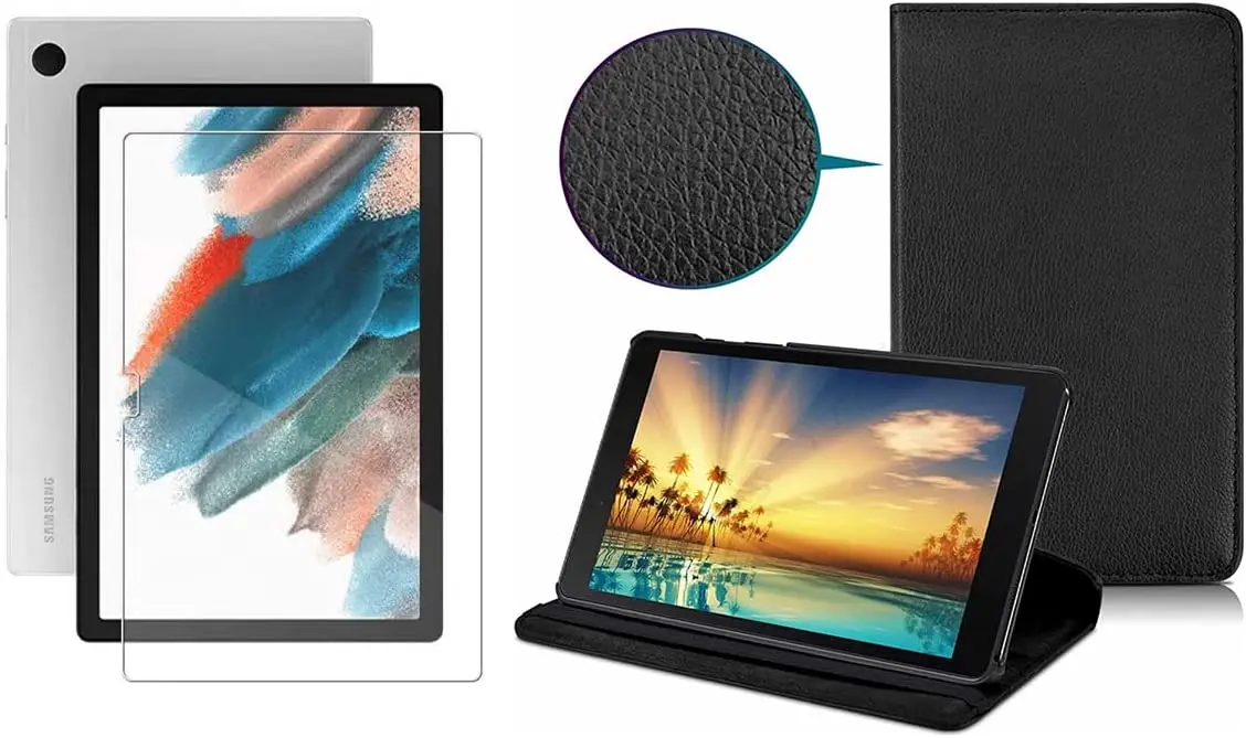 

2023 9H Rotatable Leather and Glass Film Cover Kit For Tablet Galaxy Tab A8 10.5" [X200/X205]