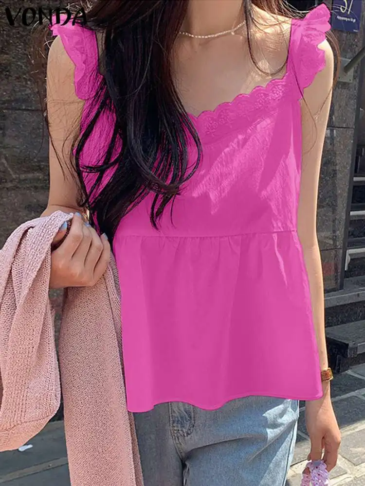 

VONDA 2022 Женская Повседневная летняя кружевная Лоскутная рубашка без рукавов, Женский однотонный жилет, топы, однотонная уличная одежда, блуз...