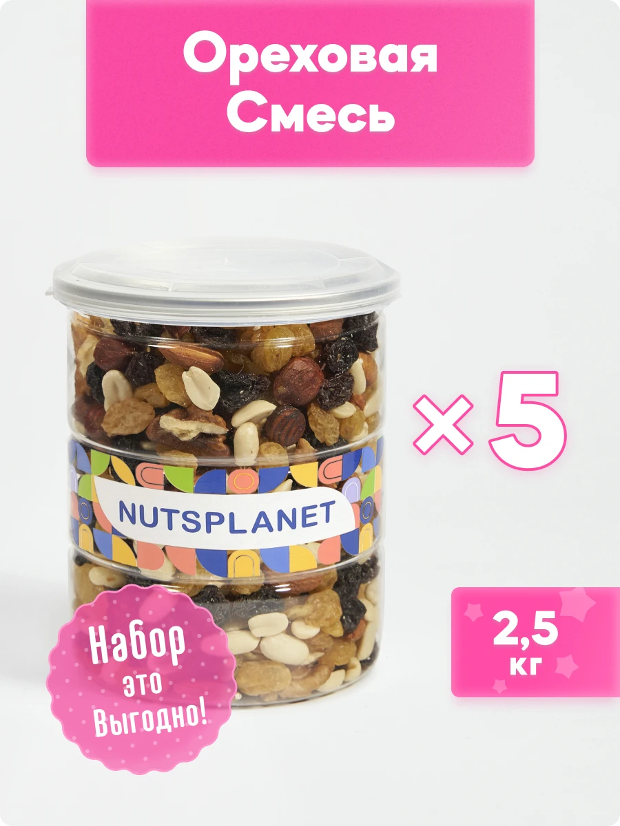 Смесь орехов и сухофруктов Nutsplanet Ореховая смесь без сахара. Орехи: суперфуд, здоровый перекус 2,5 кг.