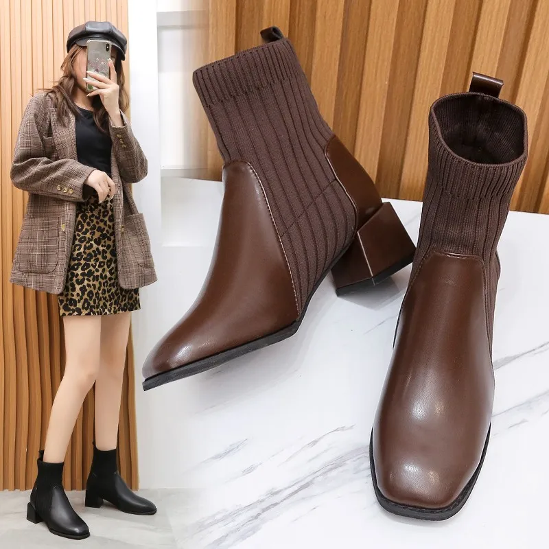 New Short Boots Women Fashion Stitching Knitted Stretch Boots Retro Square Casual Mid Heel Women Shoes Socks Shoes Stretch Boots