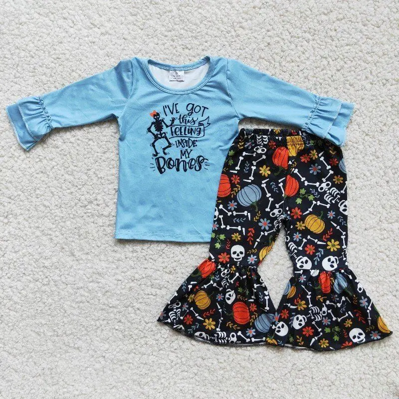 

100% cotton suit pumpkin blue long sleeve print and bell bottom pants children outfit autumn winter clothing set