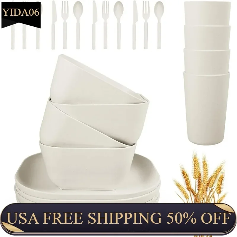 

afcevnlb 24 Piece Wheat Straw Square Dinnerware Sets for 4, Unbreakable Dinner Plates and Bowls Sets for Camping Party Grill