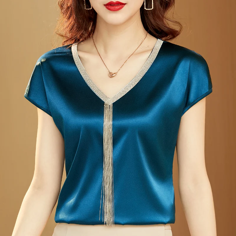 Kadınlar için ipek moda üst giyim katı v-yaka püskül saten yarasa kol bluz ofis bayan gevşek rahat bluz Blusa 15494