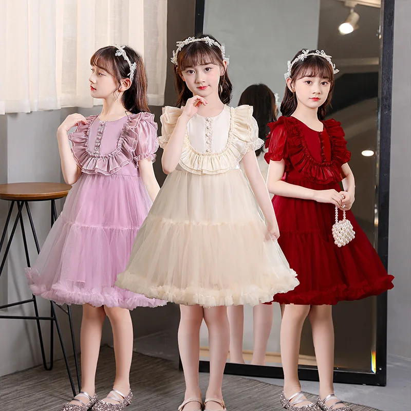 

Kids Girl Summer Dress Sweet Mesh Ball Gown Children Ruffles Short Sleeve Birthday Party Princess Dresses y247
