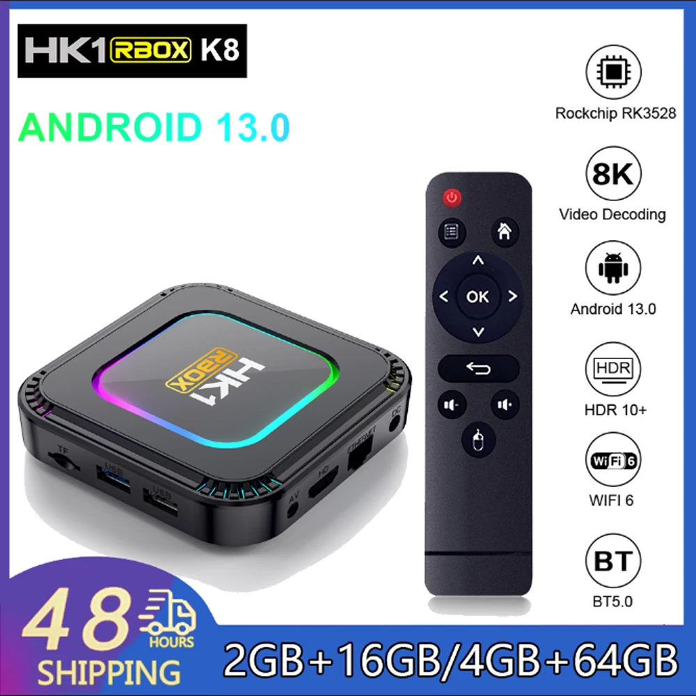 

HK1 RBOX K8 Android 13 TV BOX RK3528 8K RGB Light WiFi6 Dual WiFi BT5.0 Video Decoding Media Player 100M Ethernet