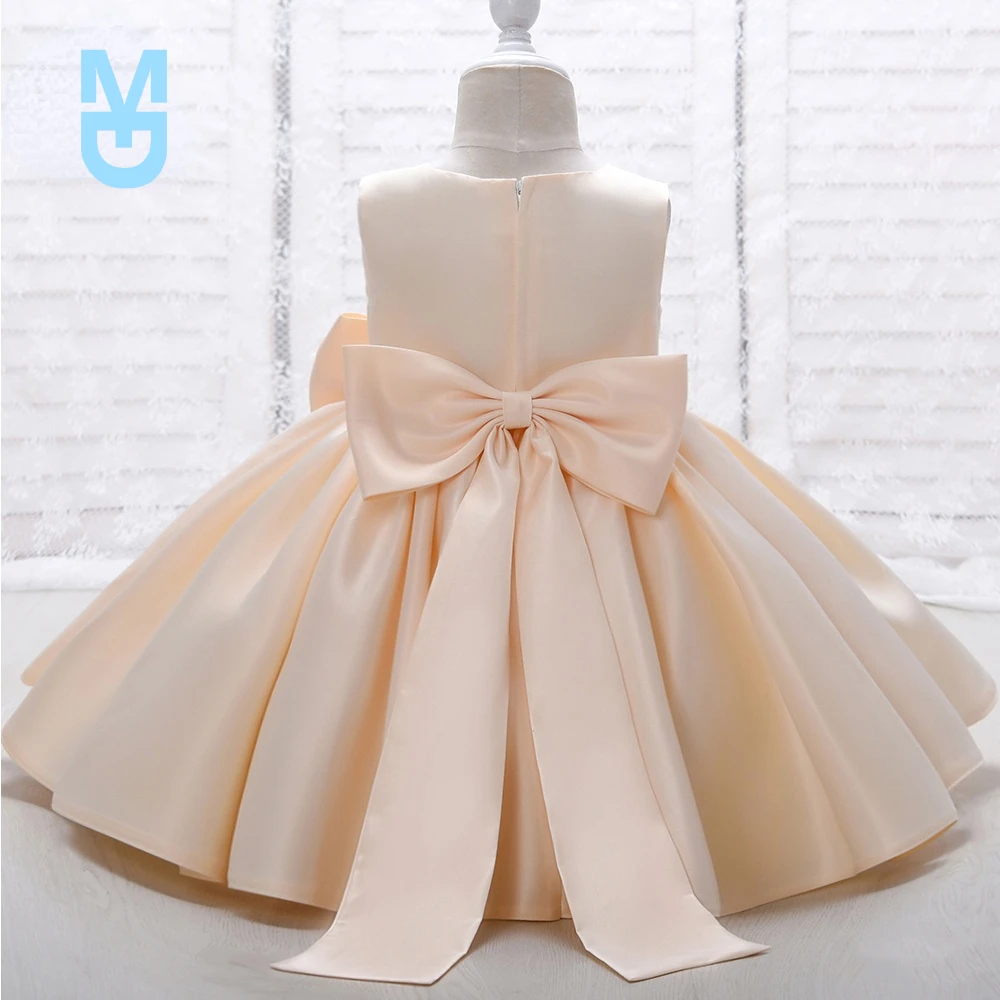 

New Big Bow Baby Satin Princess Dress Kids Wedding Casual Clothes Infants Bridesmaid Vestidos 6M-7Y Party Girls Dresse