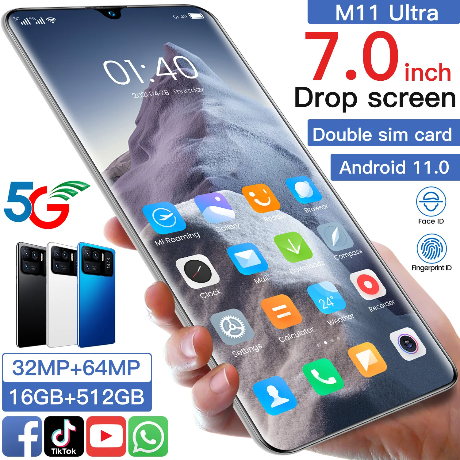 2022 global version new 7 0 inch waterdrop screen 5g smartphone 16gb512gb for xiaomi mi 11 ultra huawei samsung mobile phone free global shipping