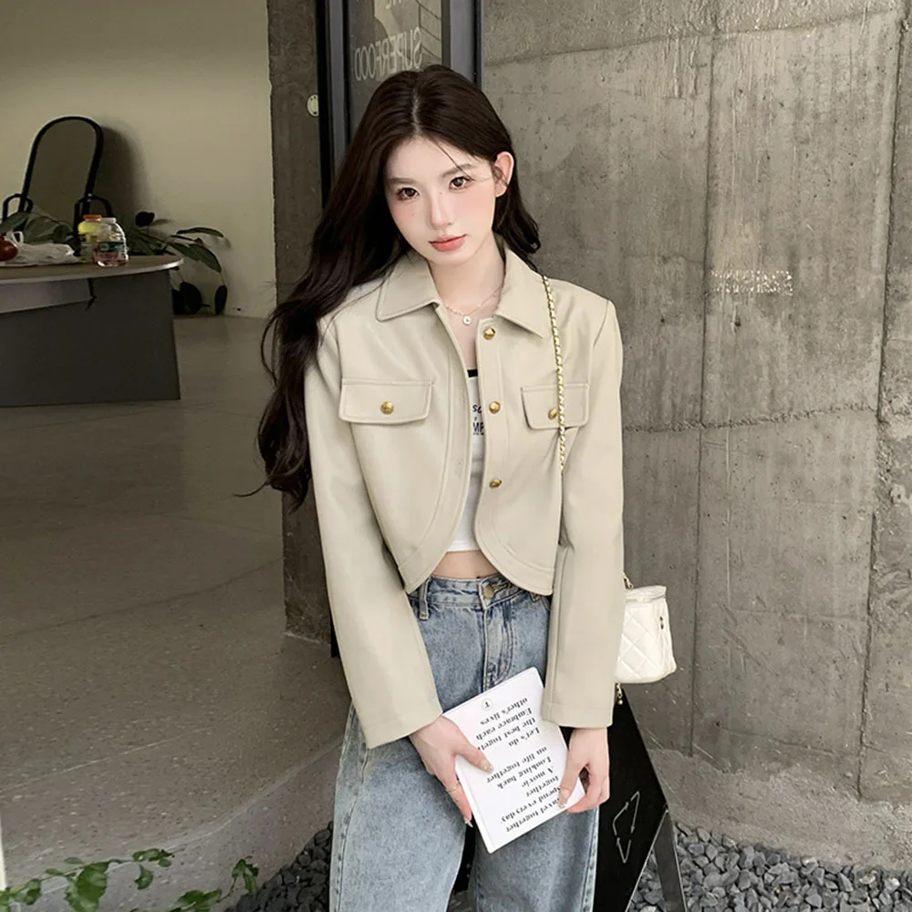 Корейский Элегантный женский жакет из искусственной кожи черный укороченный Топ