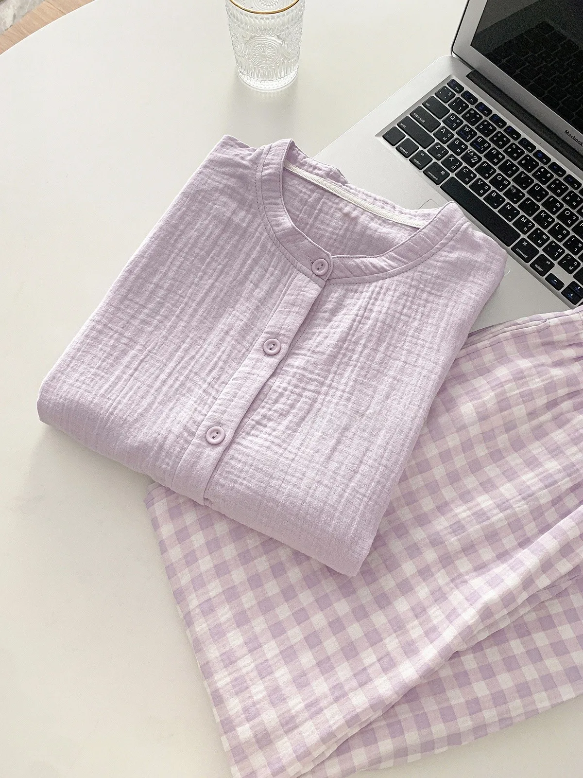 Японская мода клетчатая пижама без принтов весенне-осенняя из чистого хлопка