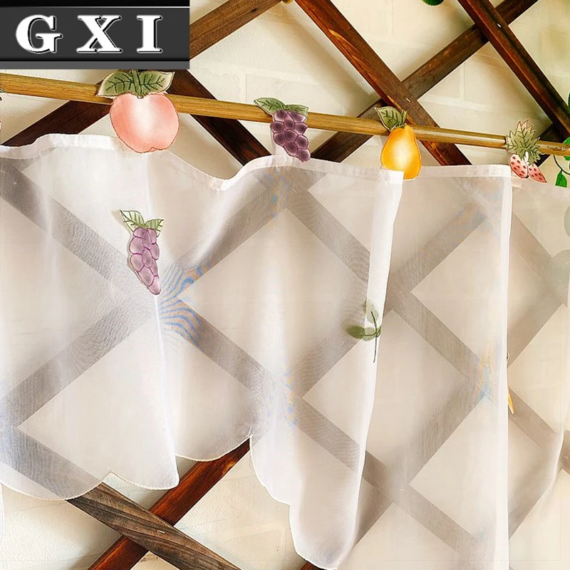 

American Pastoral Fruit Strap Embroidery Sheer Tulle Balcony Short Curtains For Cupboard Kitchen Garden Partition Door Curtain