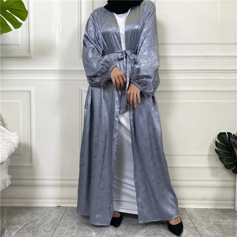 

Muslim Fashion Dress Printed Satin Long Sleeve Feather Cardigan Moroccan Kaftan Vestidos Largos Dubai Abaya Jalabiya for Women