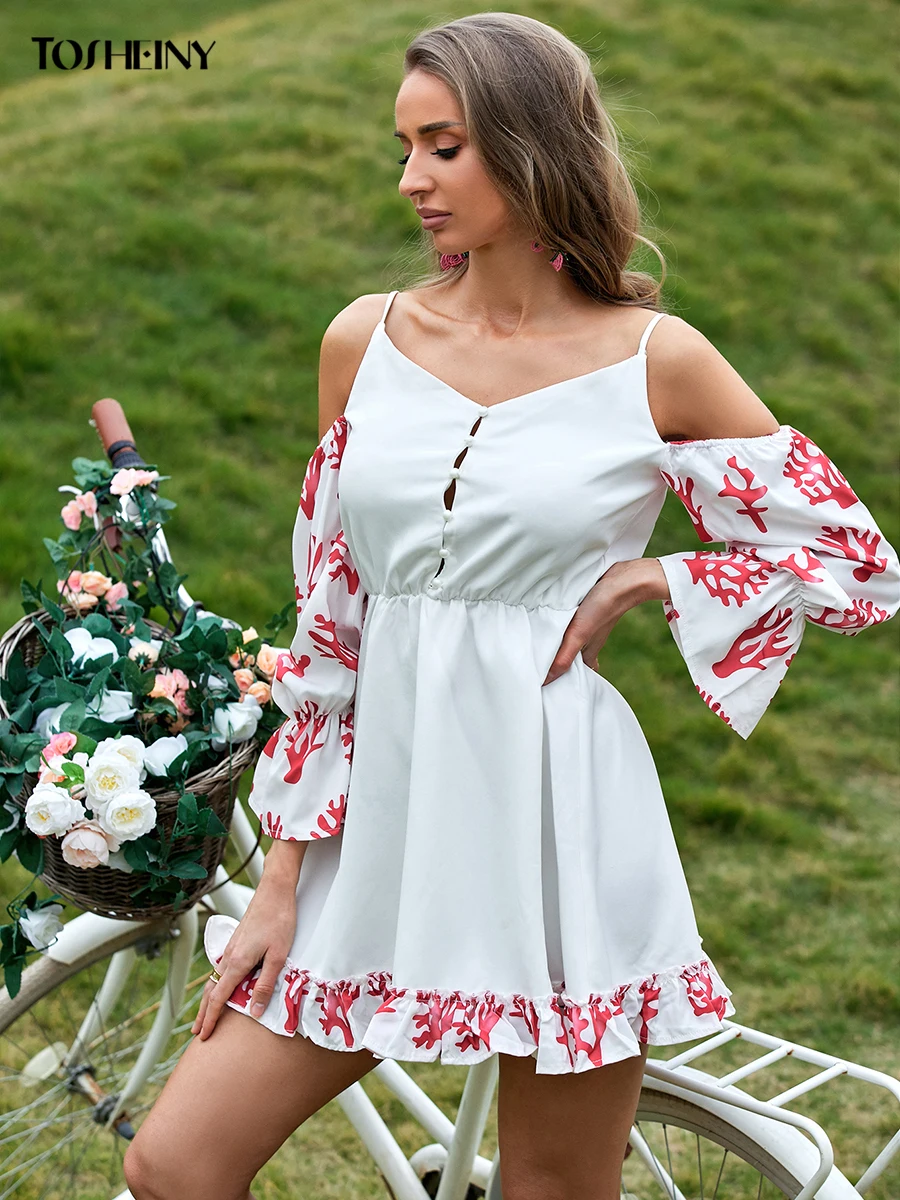 

Tosheiny 2022 Spring Cold Shoulder Flounce Sleeve Plants Print Women's Dress Mini Sexy Elegant Short Female Boho Dress White